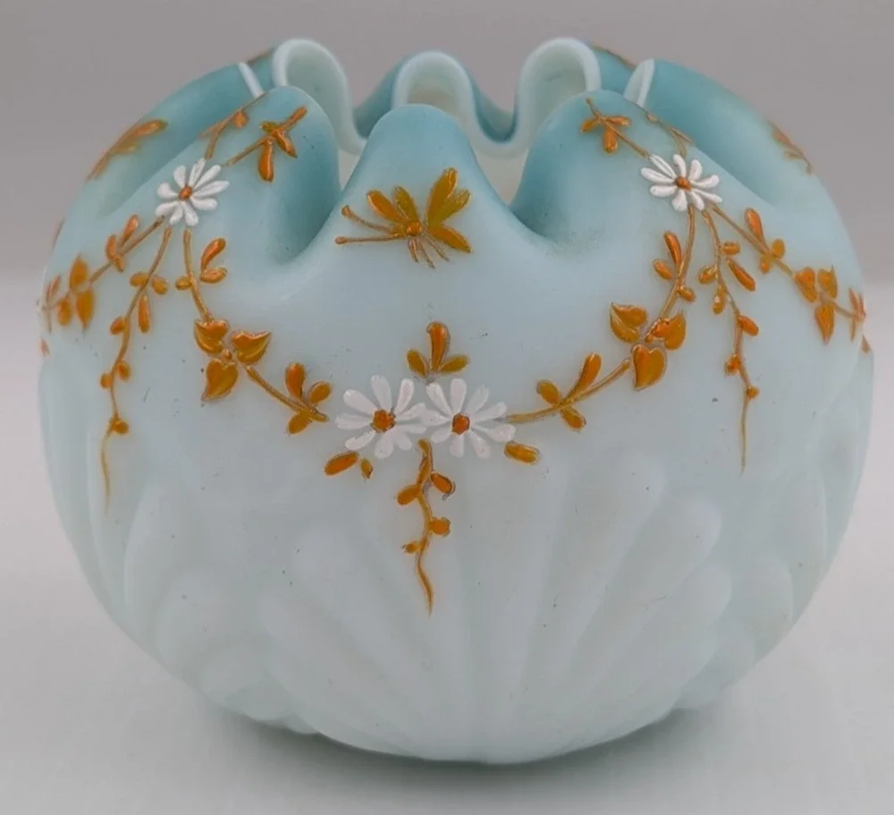 Antique Blue White Rose Bowl Cased Glass Shell Motif Floral Hand Painted Decor